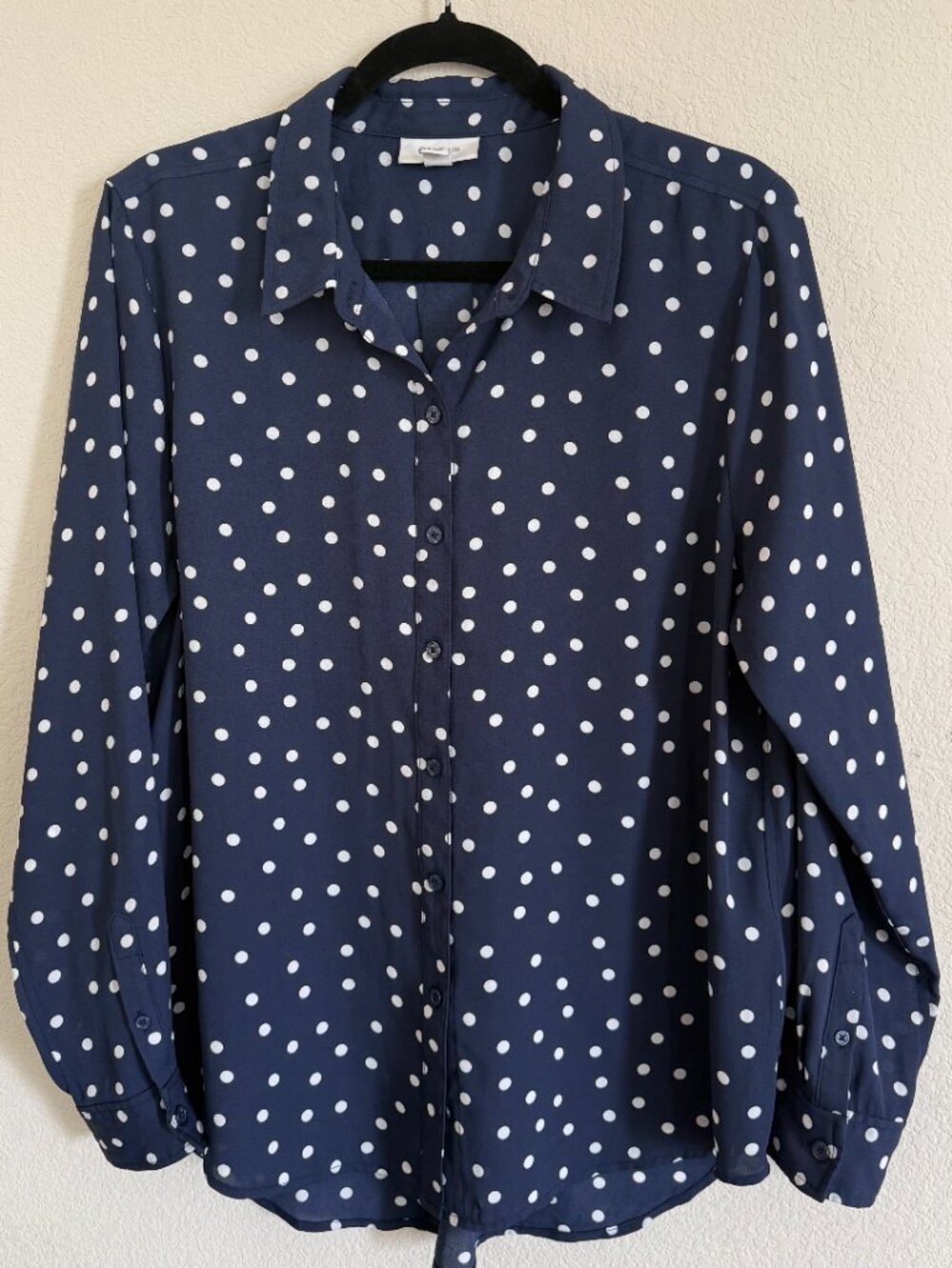 ON 34th Navy Polka Dot Blouse Size L Button Front Long Sleeve Classic Work Top
